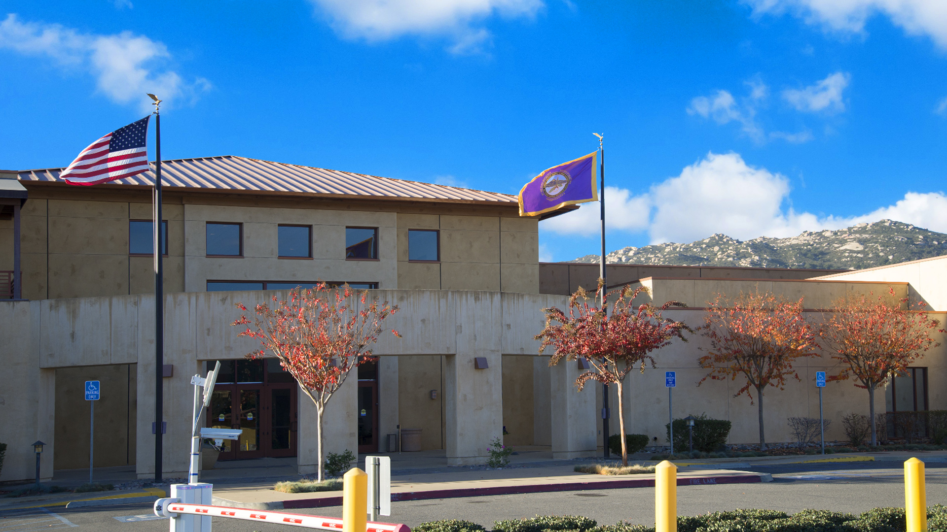 Pechanga Government Center with U.S. and Pechanga flags